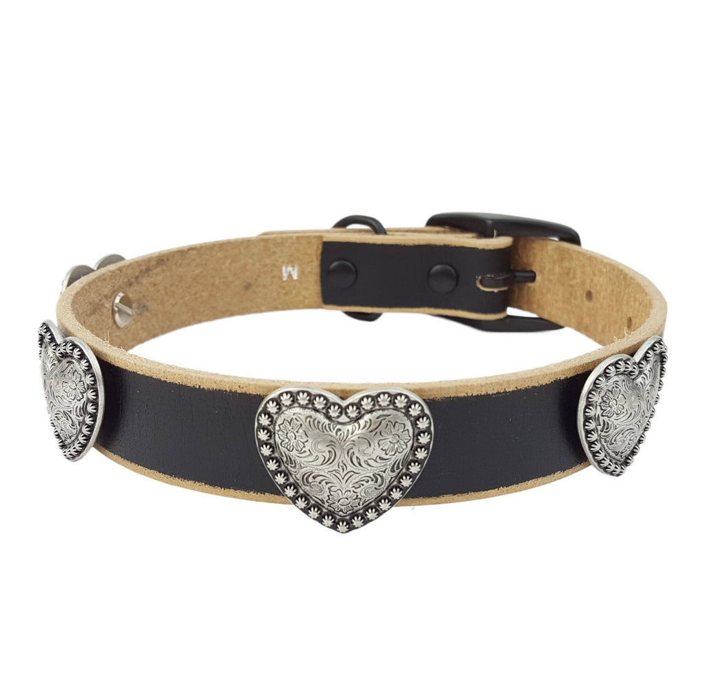 Genuine Distressed Leather Dog
Collar with Heart Conchos