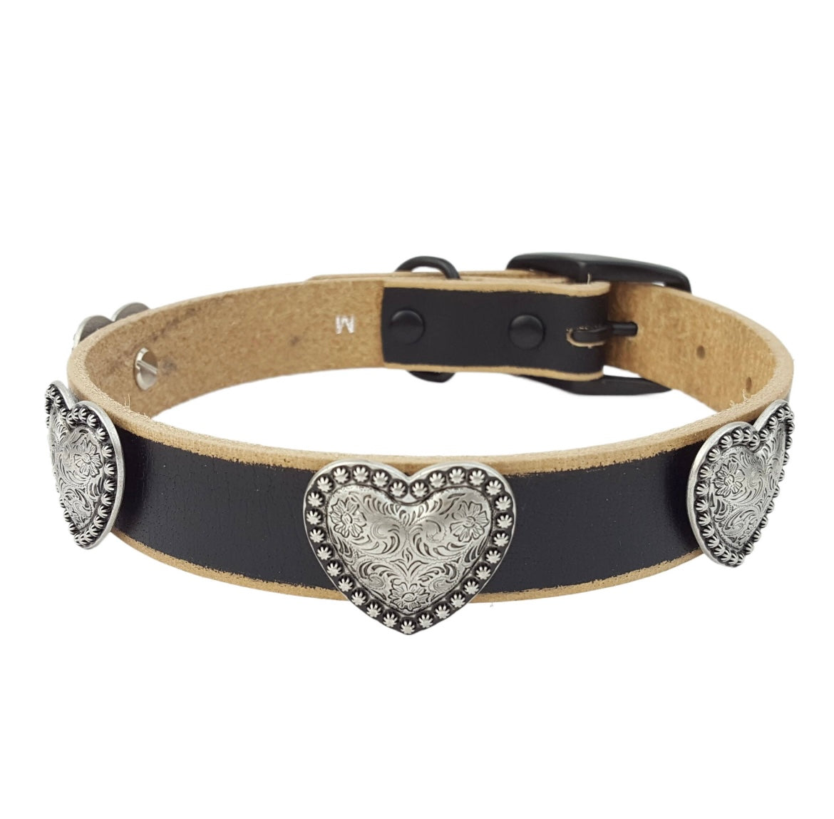 Genuine Distressed Leather Dog
Collar with Heart Conchos
